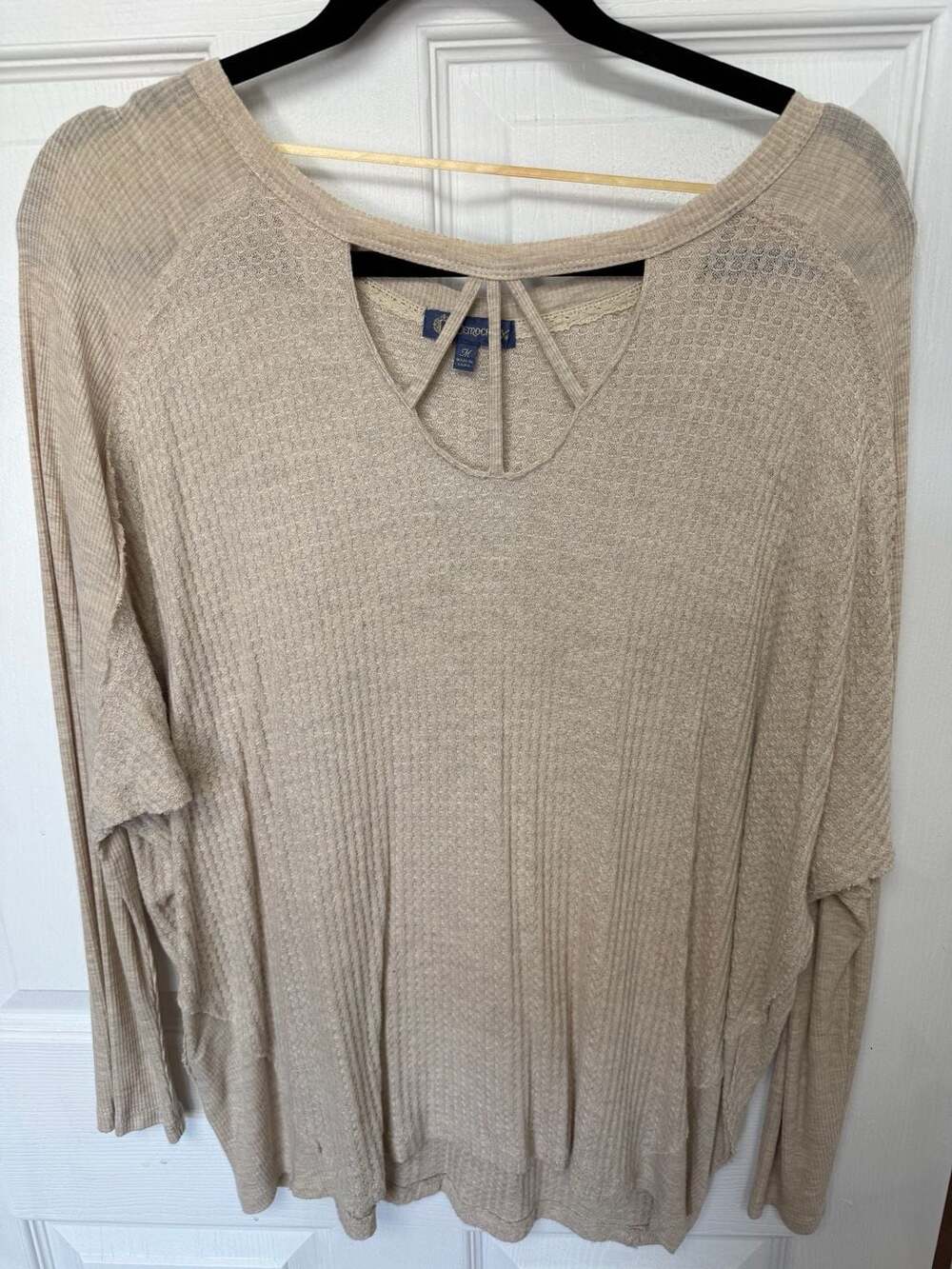 Democracy Boho Shirt Top Women's Size M Beige Waffle Knit Dolman Sleeves